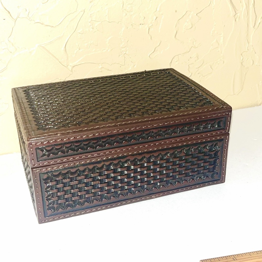 Tooled Leather Basket Weave Trinket Box with Lid Western Office